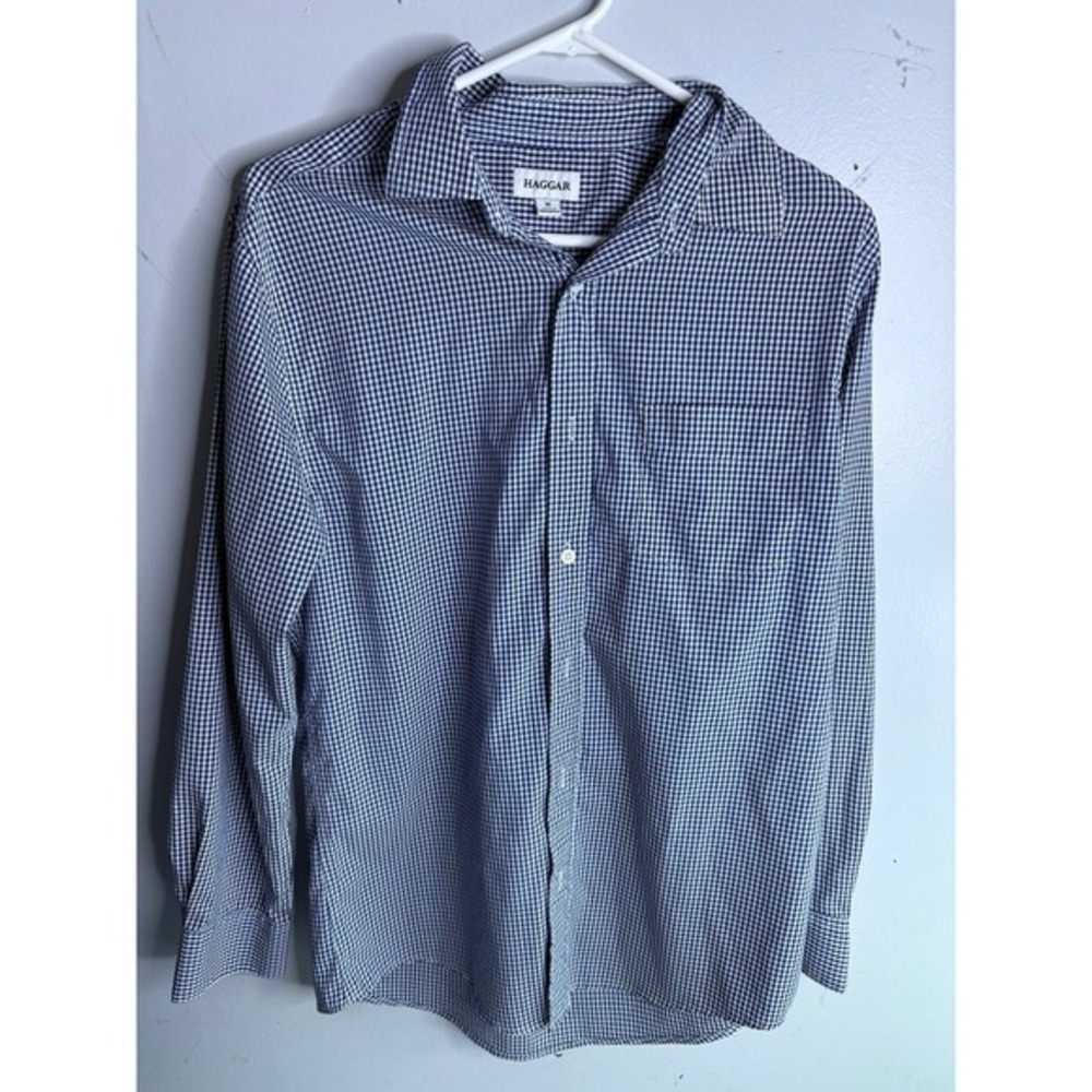 Blue plaid haggar front button down shirt size medium